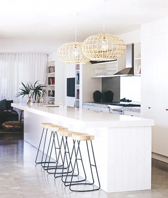White Kitchen with Tropical pendant lights | Modern Tropical Style on Bekob.com