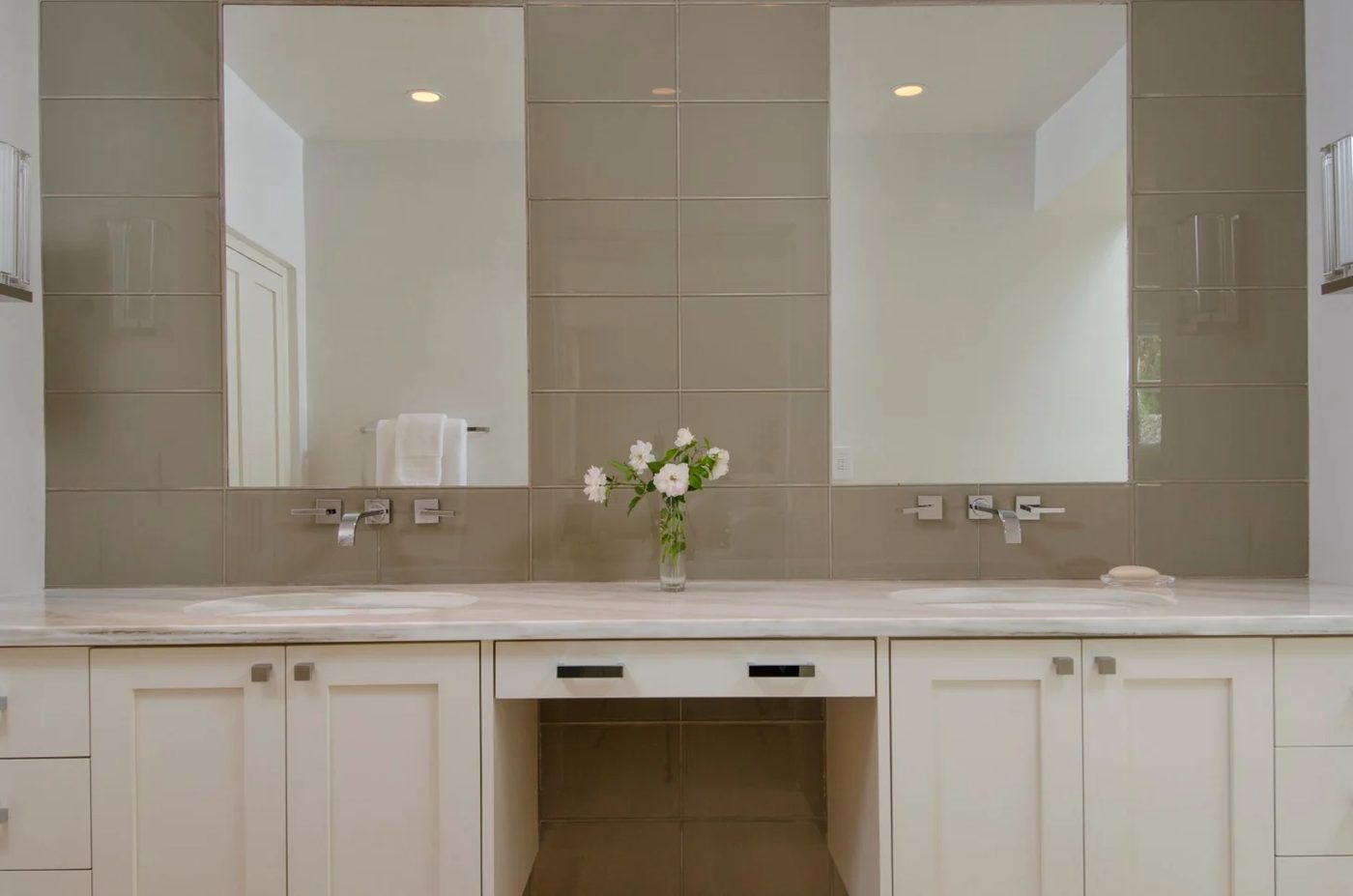 modern classic white bathroom with double sinks by Violante & Rochford Interiors, photo credit © Wendy McEahern
