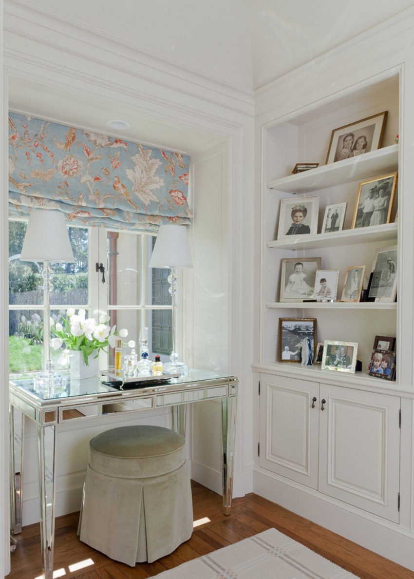 Floral Roman Shades and mirrored Desk Houzz
