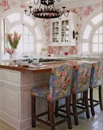 Floral Barstools at kitchen island Designed by Betsy Schmitt hydrangea hill cottage