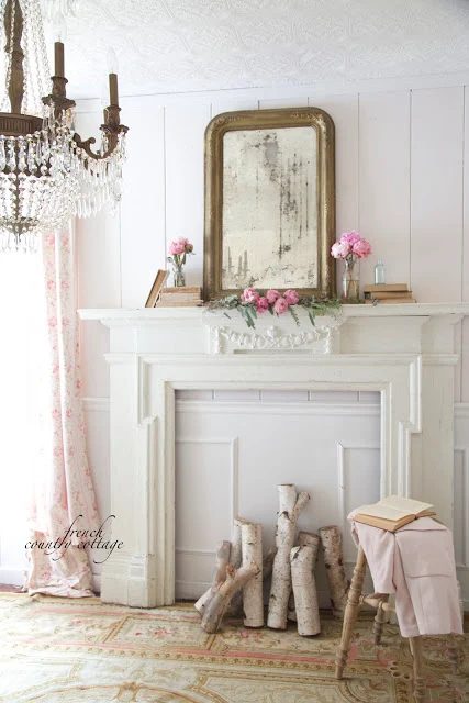 Crystal Chandelier and Faux Fireplace French Country Cottage