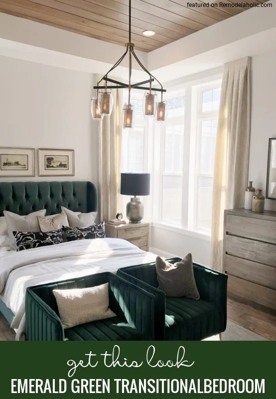 Add A Touch Of Color With Emerald Green In This memorable Transitional Master Bedroom Featured On Bekob.com (1)