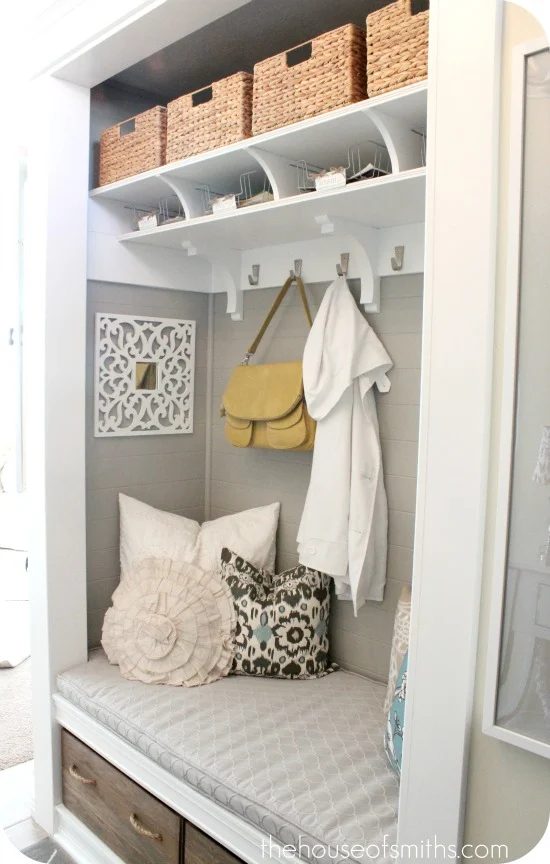 Closet made into Mudroom, love the profile of the shelves and the rope handled wood boxes below the bench | 100+ striking Mudrooms and Entryways at Bekob.com