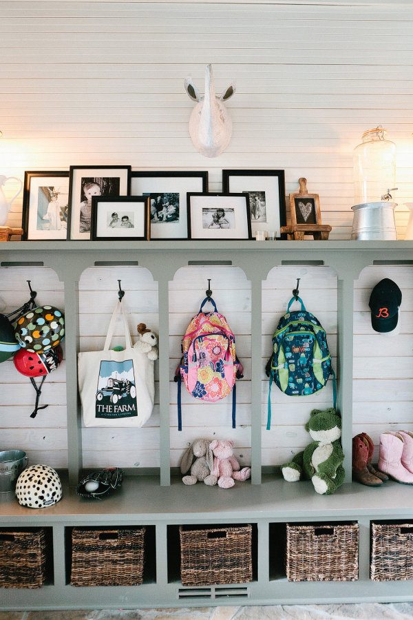 Shiplap planked wall behind locker-style entryway cubbies. So well fitted! | 100+ striking Mudrooms and Entryways at Bekob.com