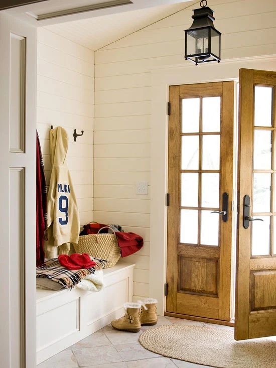Neutral foyer, shiplap, bench, and wood doors. Can it get any better? | 100+ striking Mudrooms and Entryways at Bekob.com