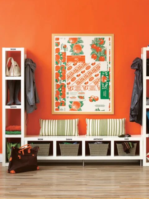 Orange Mudroom Organization, I need this bench and storage tower | 100+ striking Mudrooms and Entryways at Bekob.com
