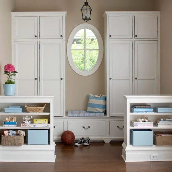 Lots of storage in a mudroom alcove, separated a bit by a knee wall or half wall with storage | 100+ striking Mudrooms and Entryways at Bekob.com