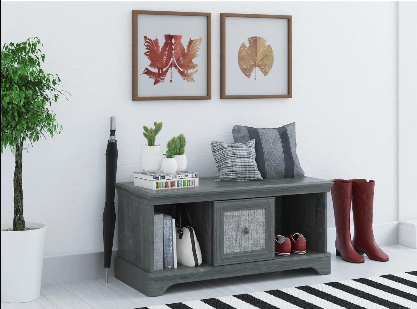 striking gray storage bench, well fitted for an entry | 100+ striking Mudrooms and Entryways at Bekob.com