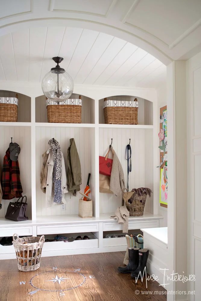 Unique mudroom cabinets, I really like the shape of the locker sections and the sliding shoe storage underneath | 100+ striking Mudrooms and Entryways at Bekob.com