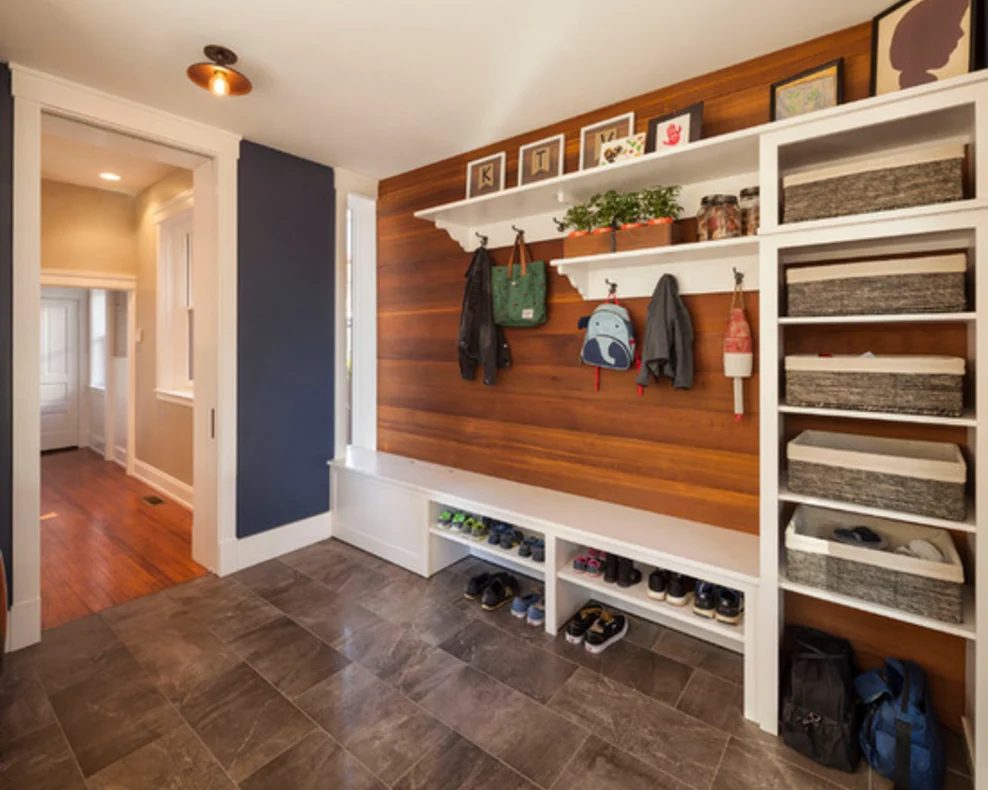 Contemporary mudroom, love the combo of the dark blue with the wood and all the shelves for storage and shoes | 100+ striking Mudrooms and Entryways at Bekob.com
