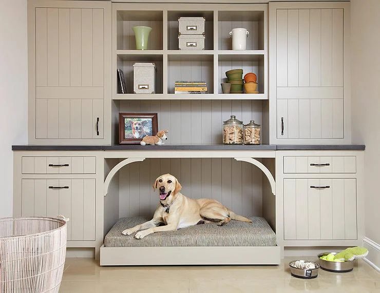taupe mudroom cabinets with a built-in dog bed | 100+ striking Mudrooms and Entryways at Bekob.com