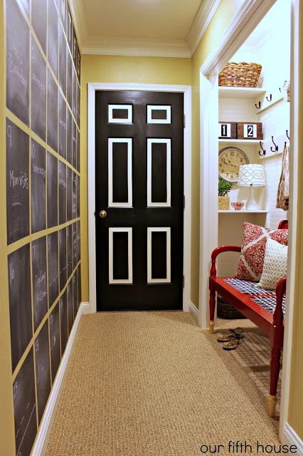 Mudroom Hallway, closet turned mudroom plus chalkboard calendar on the wall | 100+ striking Mudrooms and Entryways at Bekob.com