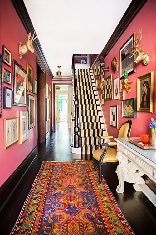 bold entryway, not sure I could to this pink but I love the black trim | 100+ striking Mudrooms and Entryways at Bekob.com