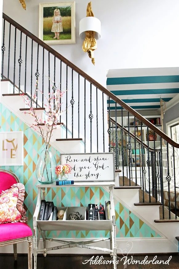 memorable statement wall in an entry foyer! That console table with storage underneath is great, too. And did you see the striped ceiling... gotta look at the whole house! | 100+ s