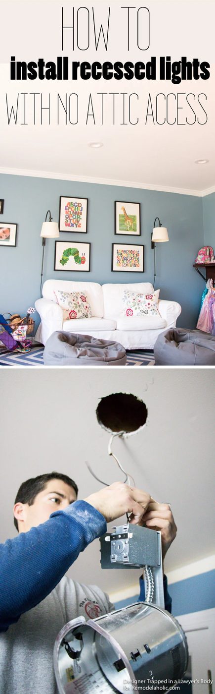 FINALLY I've figured out how to install recessed lights in our home thanks to this walkthrough. I thought we couldn't do it with a room above, but we totally can!
