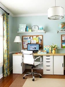 straightforward home office with wall shelving via Bekob.com
