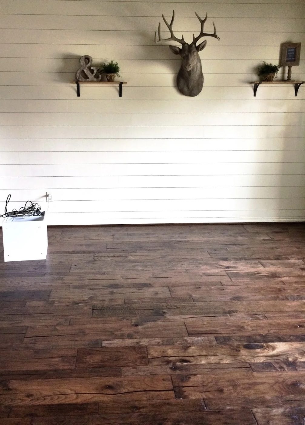 home office makeover with white shiplap walls and dark hickory wood floors, Jillify It on @Bekob