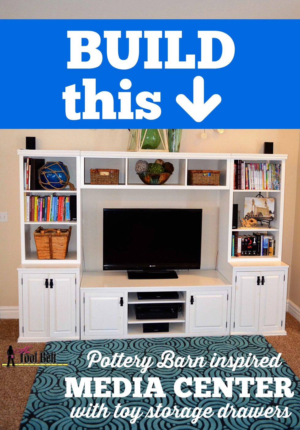 Build a Pottery Barn media center with toy storage drawers | Her Tool Belt on Bekob.com