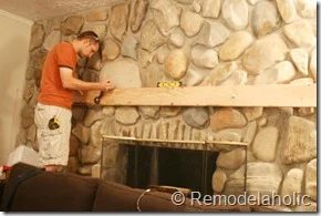 Installing a wood mantel on a stone wall (39)