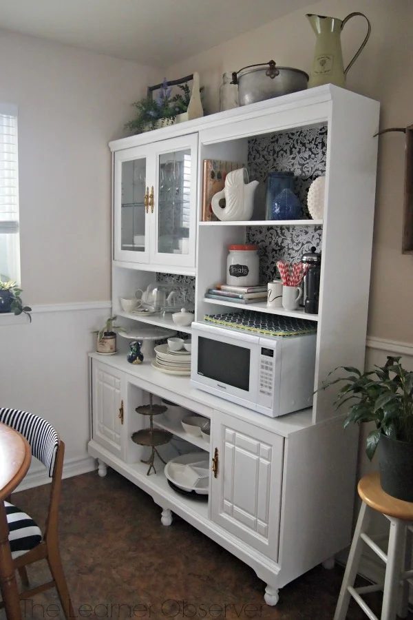 finished kitchen hutch makeover with wrapping paper backing, The Learner Observer featured on Bekob