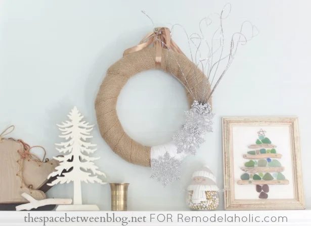 winter wreath with burlap and snowflakes made my thespacebetweenblog.net for Bekob.com