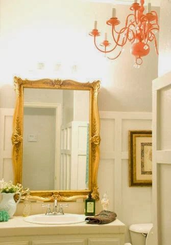 chic bathroom makeover with chandelier and gold mirror, Vintage Romance featured on Bekob