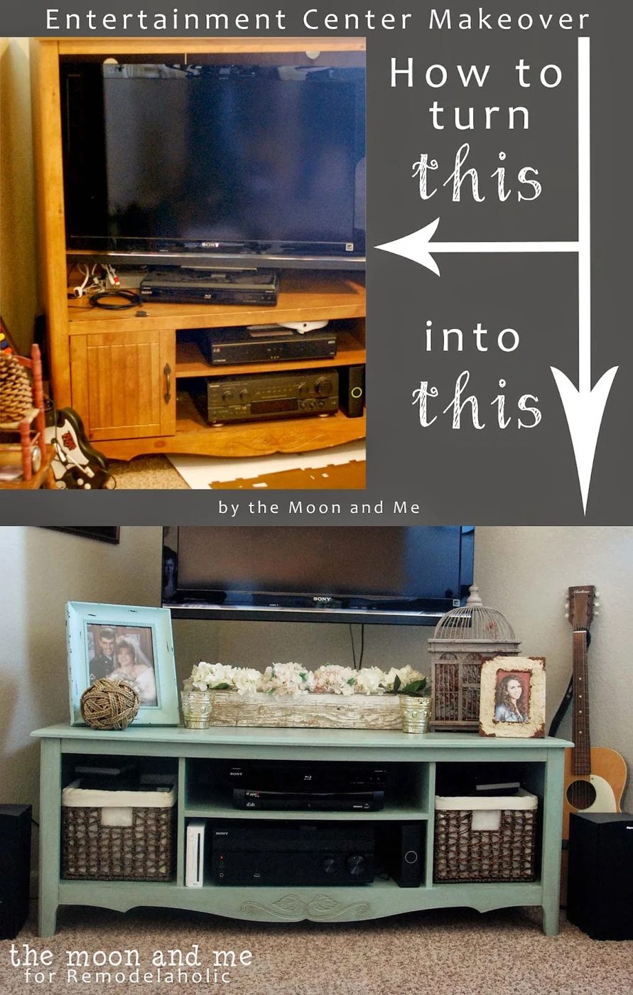 Turn an old entertainment center into a TV console table | The Moon and Me featured on Bekob.com #upcycle #revamp