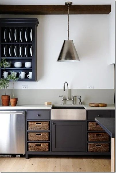 open shelves with baskets kitchen