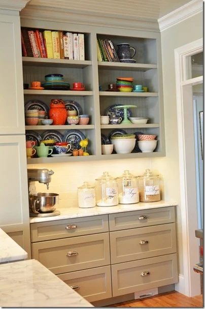 open shelving bright dishes