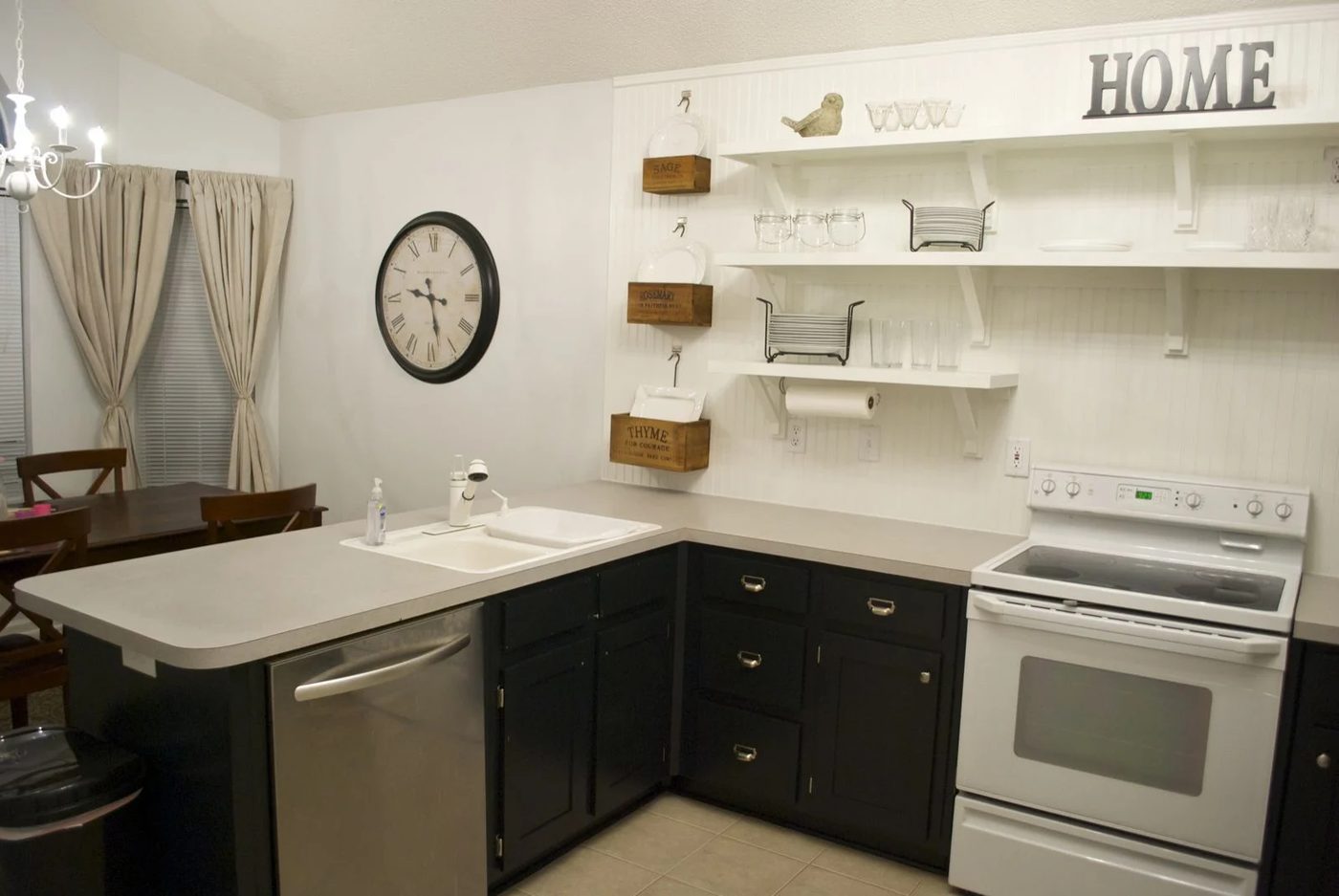 kitchen remodel black base cabinets bead baord backsplash open shelves dining room makeover (2)