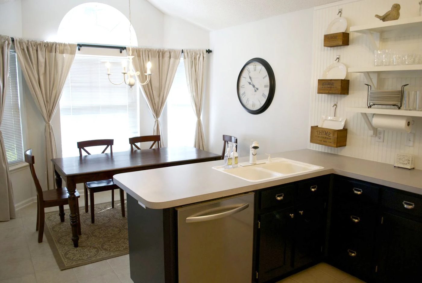kitchen remodel black base cabinets bead baord backsplash open shelves dining room makeover (12)