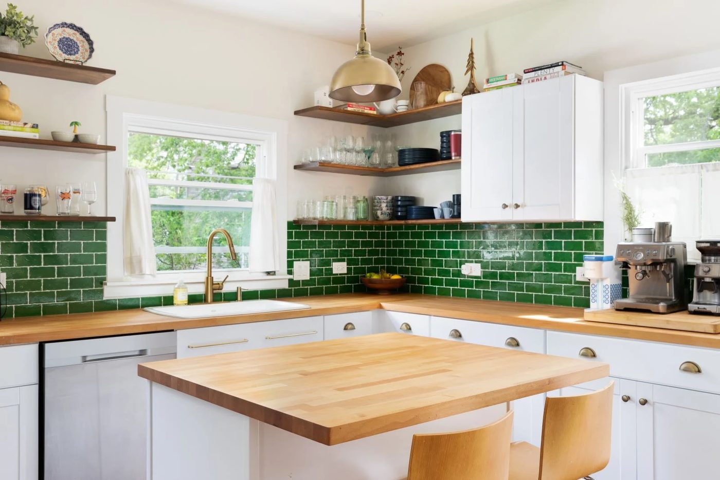 New Pendant Lights In White Kitchen With Green Tile Backsplash