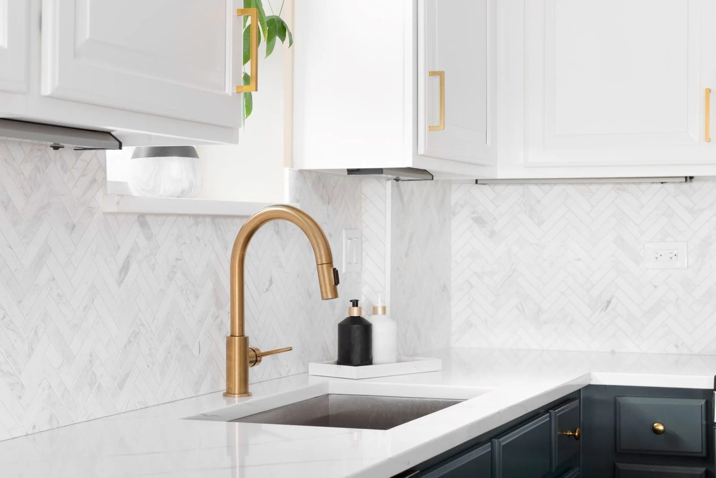 New Brushed Gold Kitchen Faucet In White Kitchen