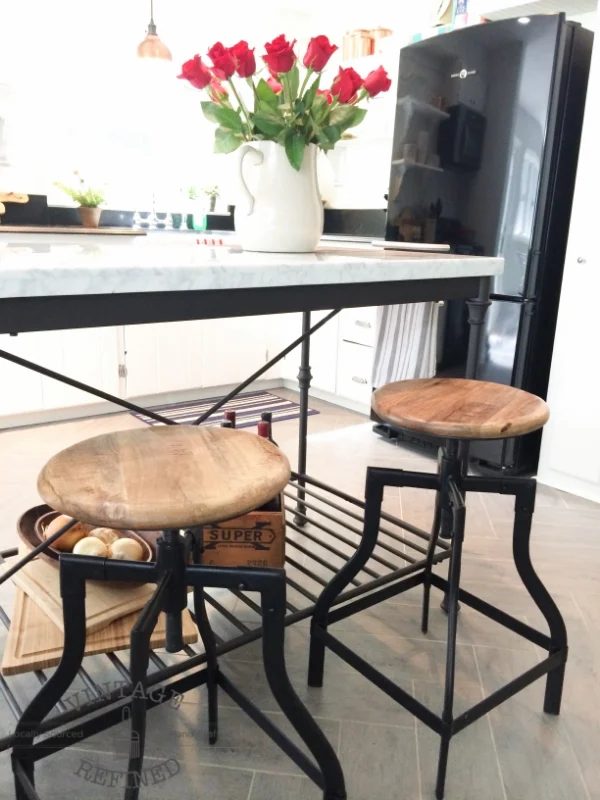 Open bottom kitchen island adds air and light to a small kitchen, by Vintage Refined featured on @Bekob