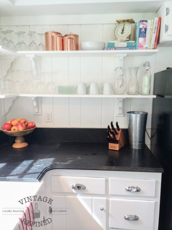 How to build open shelving in white kitchen remodel, by Vintage Refined featured on @Bekob
