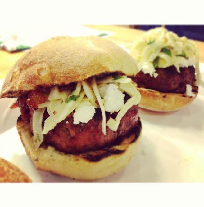 Lamb Burgers with Bacon Tomato Jam and Fennel Mint Slaw