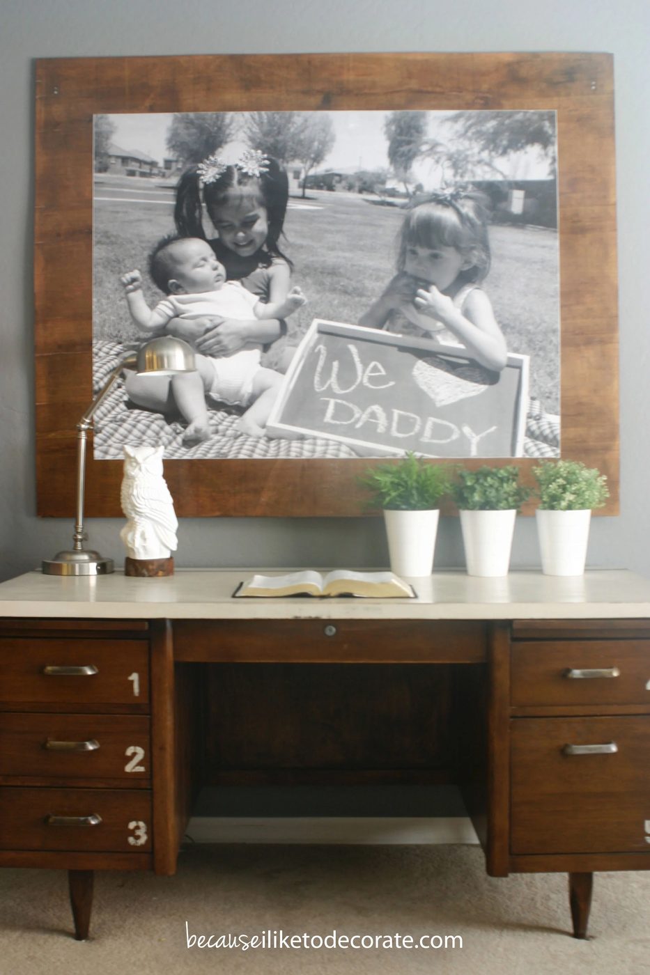 handmade large wall art, engineer print on wood (Because I Like To Decorate)