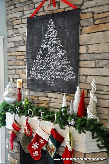 Handmade Large Wall Art: large chalkboard style engineer print hung over the mantel with ribbon (Evolution of Style)
