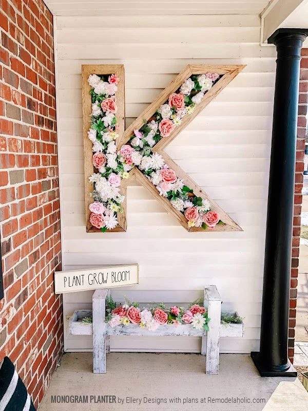 Faux Flowers In Handmade Outdoor Monogram Letter Planter, Ellery Designs And Bekob