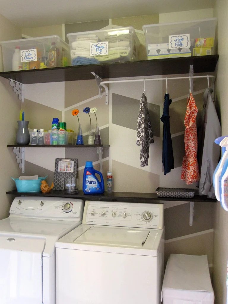 herringbone painted and organized laundry room makeover, Design Build Love on Bekob