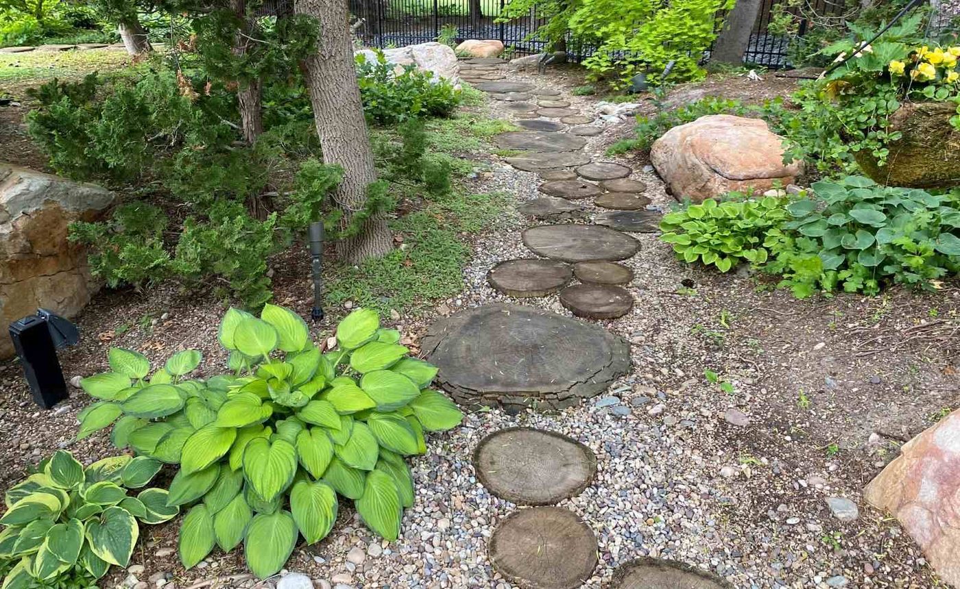 Handmade garden path using tree slice stepping stones