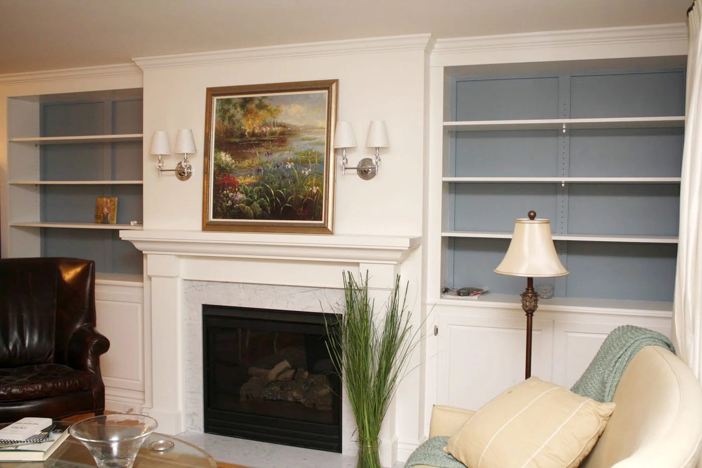 Living Room Remodel, Adding a Fireplace and Built in Bookshelves (12)