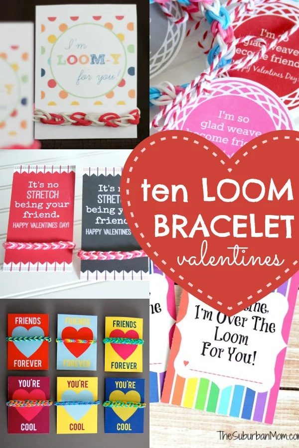10 Loom Bracelet Valentines + Printable Tags #valentines #rainbowloom #loombracelet #printable Bekob.com