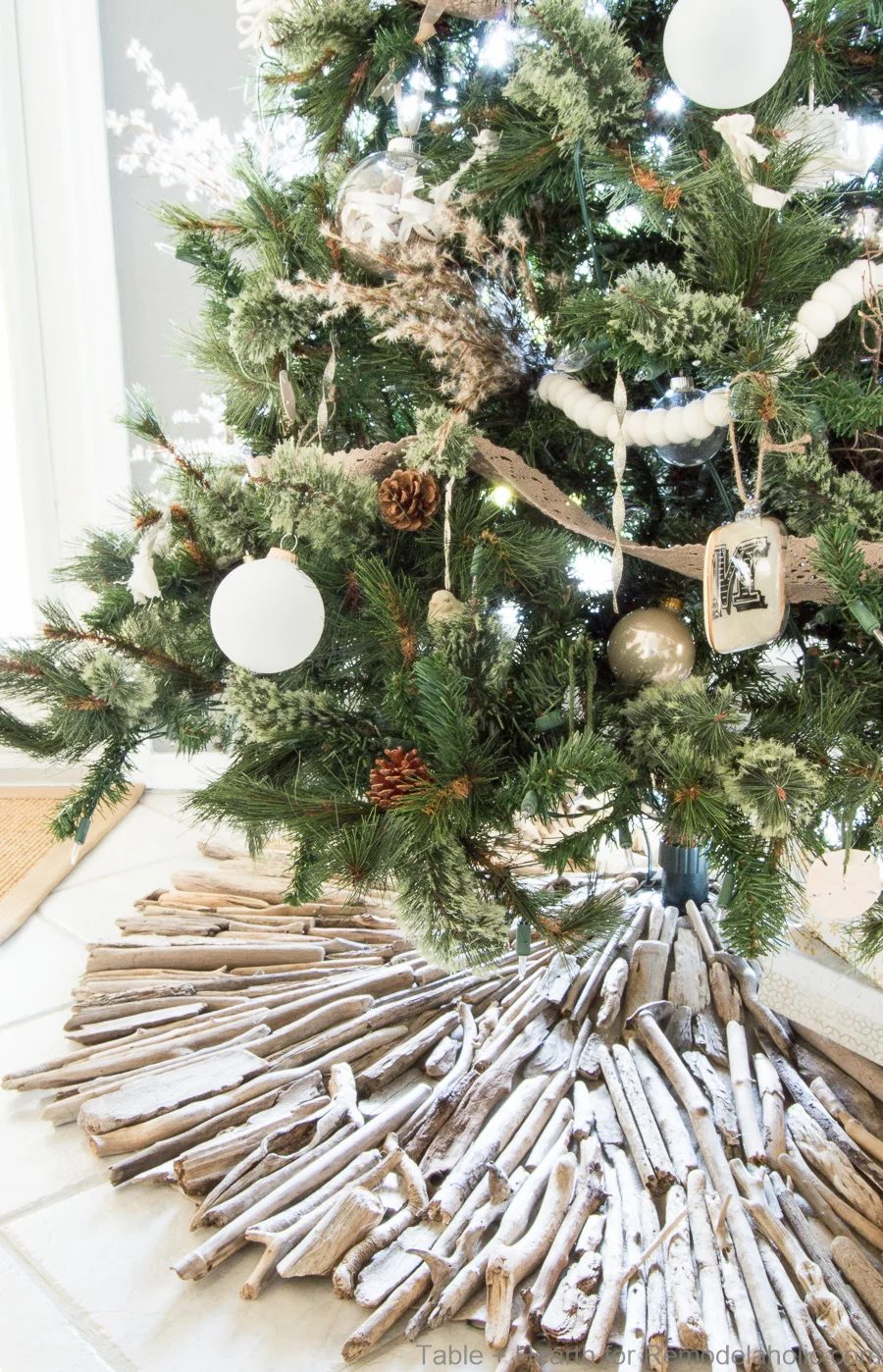 Handmade driftwood Christmas tree skirt, the well fitted addition to a coastal style Christmas tree and decor