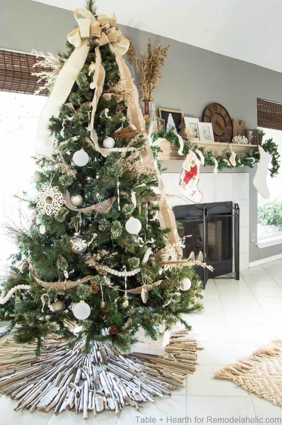 Handmade driftwood Christmas tree skirt, the well fitted addition to a coastal style Christmas tree and decor