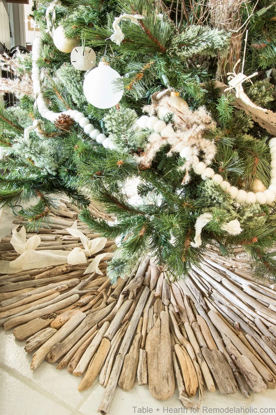 Handmade driftwood Christmas tree skirt, the well fitted addition to a coastal style Christmas tree and decor