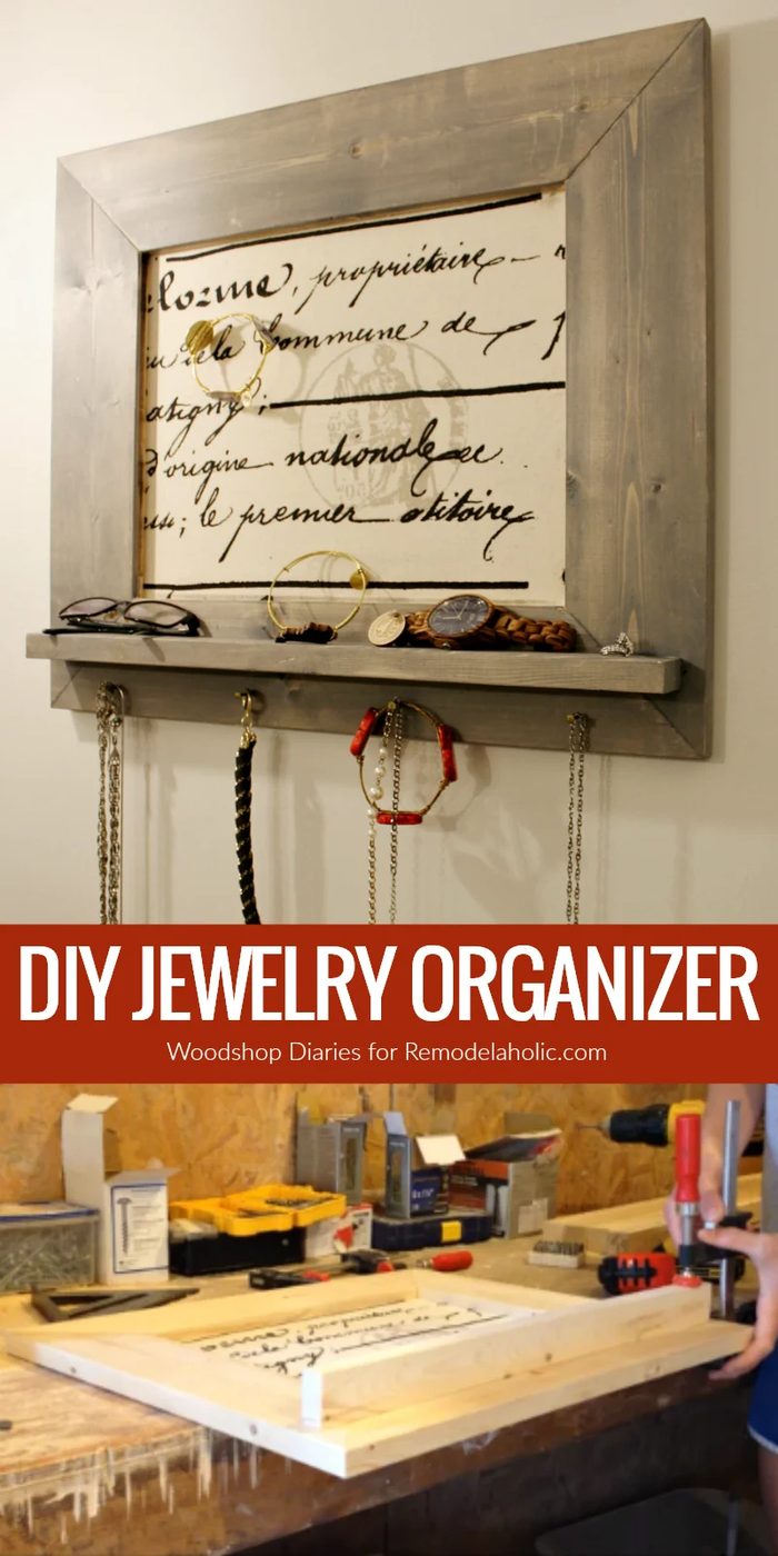Put your necklaces and bracelets in order with this straightforward custom Handmade jewelry organizer. It features a small ledge shelf plus hooks for necklaces, and the backing is 