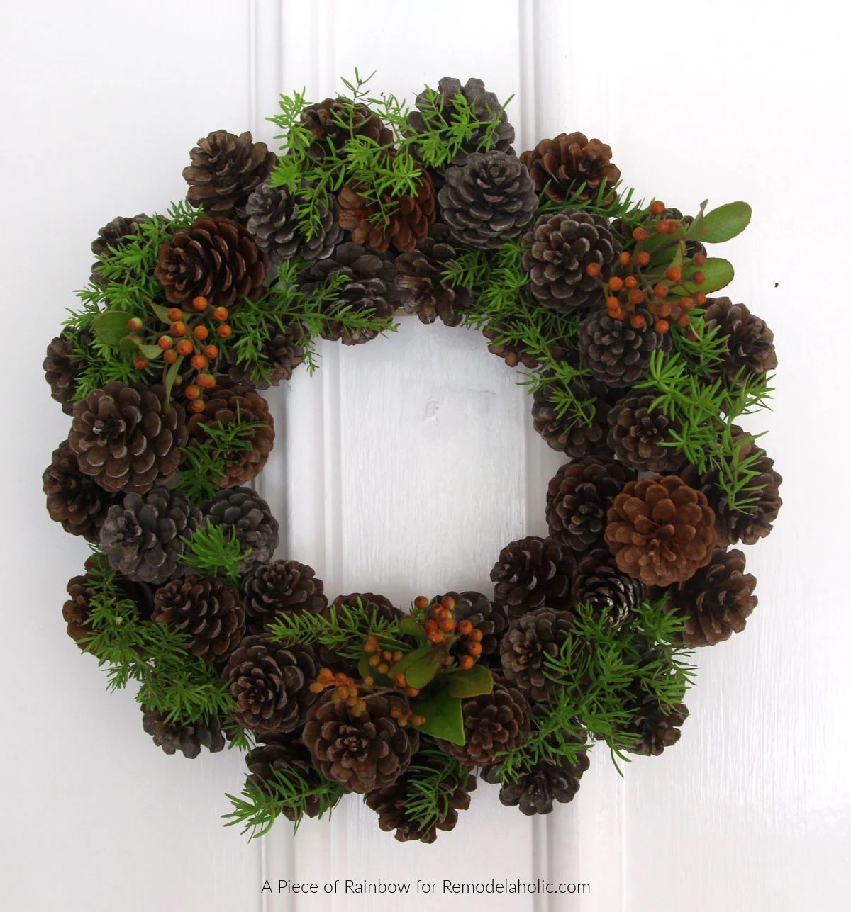 Handmade Pine Cone Wreath With Pine Sprigs And Berry Picks, Before Adding Lights, Bekob