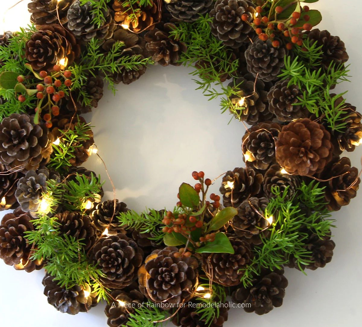 straightforward Handmade Pinecone Wreath With Pine Sprigs Berry Picks Fairy Lights, Bekob