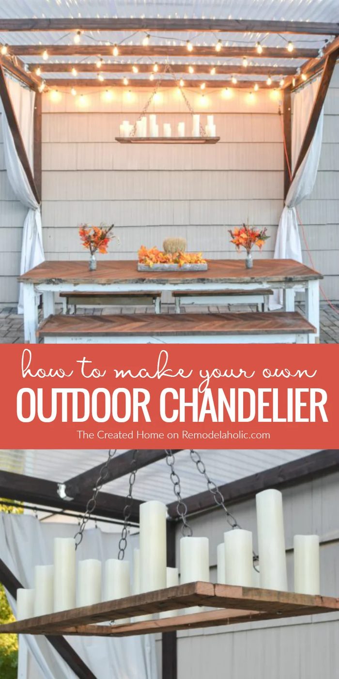 This Restoration Hardware inspired outdoor chandelier is the well fitted complement to any dining area (indoors or out) and it looks strong with a pergola! Get the walkthrough from